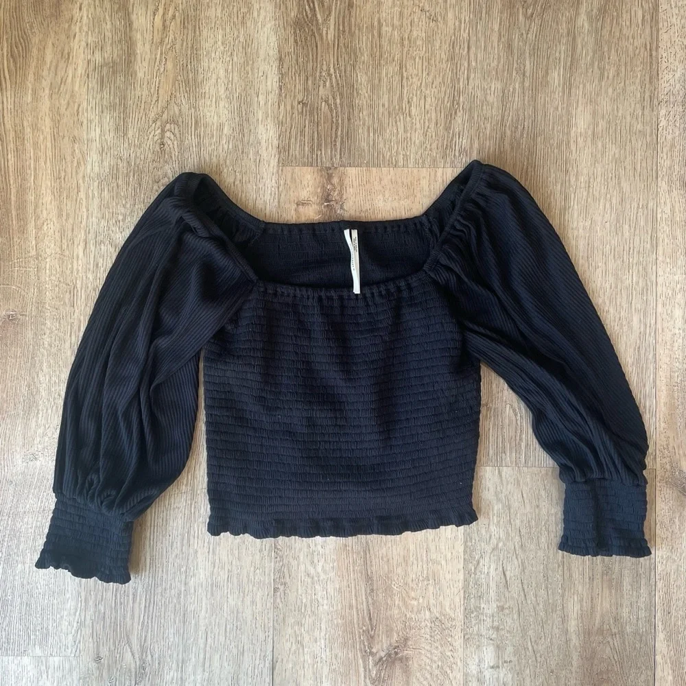 Anthropologie Smocked Square Neck Puff Sleeve Top Black Textured Size Small
